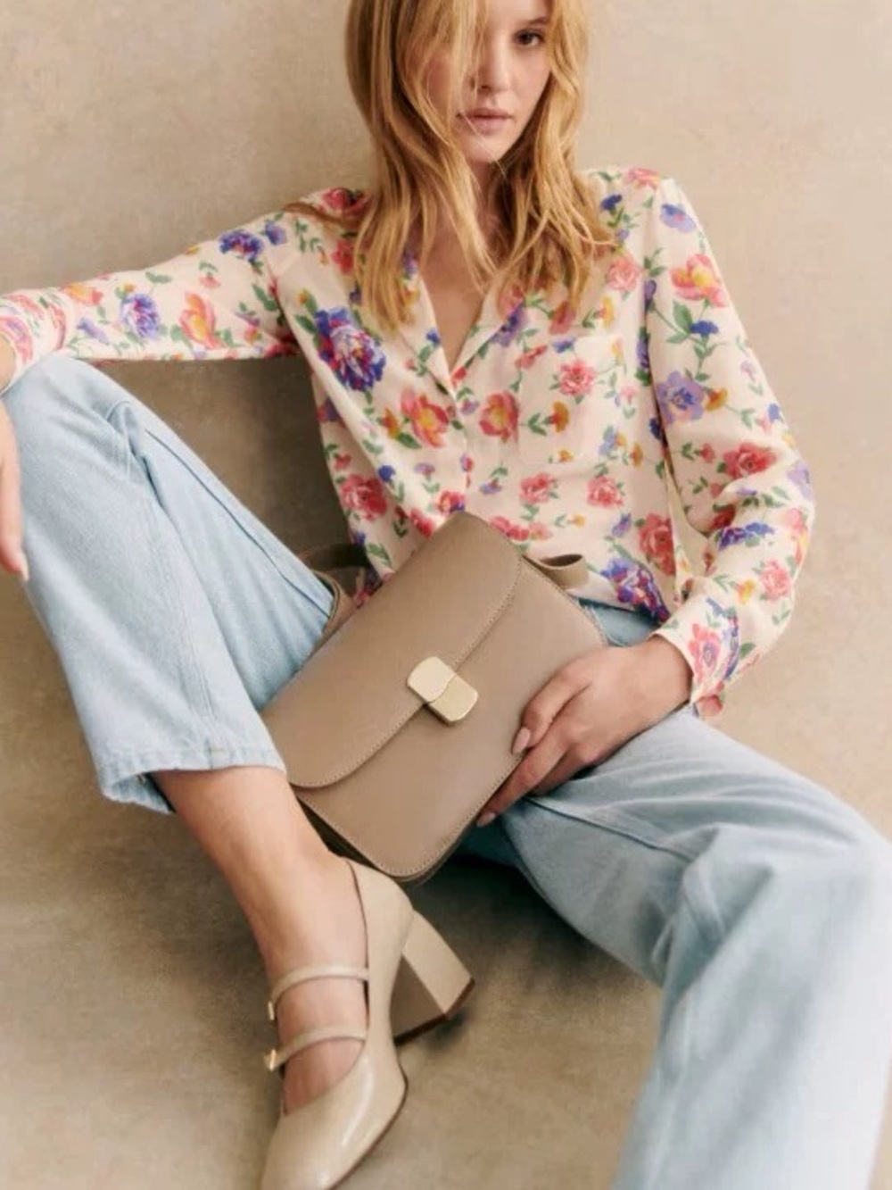Sezane Floral V-Neck silk Blouse in Cream with Multicolor Flowers, S M L